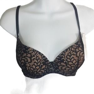 True&Co Originals Bezier High Line Size 32D‎ Black Lace Bra Push Up Demi Cup NEW